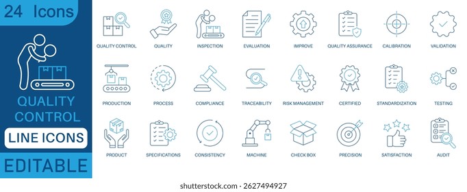 Symbolsatz für Qualitätskontrollzeile. Mit Inspektion, Bewertung, Produkt, Qualitätssicherung, Prozess, Prüfung und mehr. perfekte Ikonensammlung.