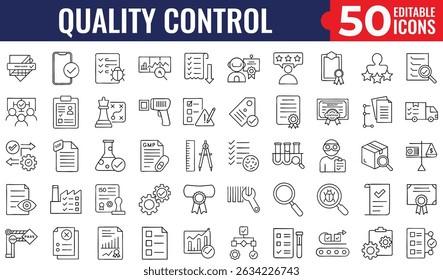 Conjunto de Ícones de Linha de Controle de Qualidade - Ícones de Vetor Editáveis para Inspeção, Teste, Avaliação, Produção, Certificação e Garantia de Qualidade em Aplicações Web e Móveis