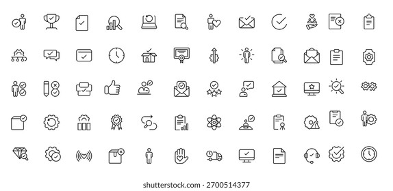 Symbolsatz für Qualitätskontrollzeile. Die Symbole umfassen Prüfung, Qualitätssicherung, Qualifizierung, Qualitätskontrolle, Prüfung, Prüfung und mehr.