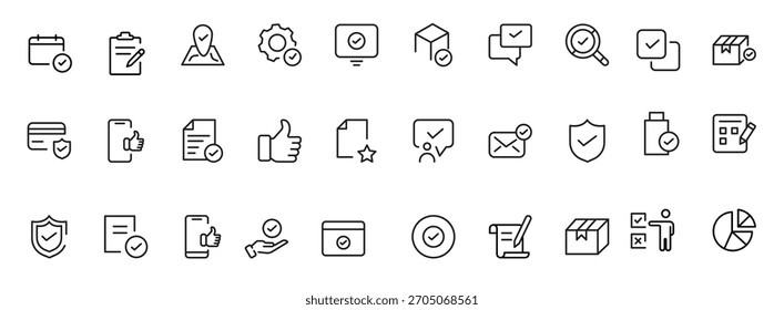 Conjunto de iconos de línea de control de calidad. Incluidos los iconos como inspeccionar, QA, calificar, control de calidad, comprobar, verificar y más.