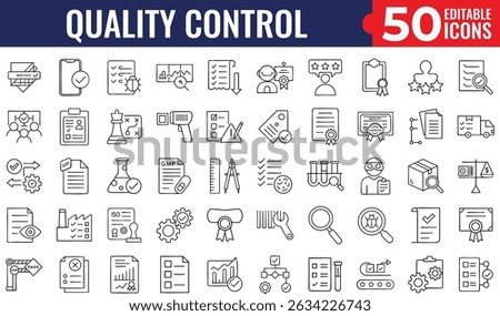 Quality Control Line Icon Set – Editable Vector Icons for Inspection, Testing, Evaluation, Production, Certification, and Quality Assurance in Web and Mobile Applications