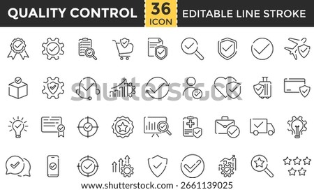 Quality Control Line Icon Set. Pixel Perfect and Outline Editable Stroke Icons collection for Inspection, Evaluation, Production, Quality Assurance, Certificate, Testing, Process Control, Standard
