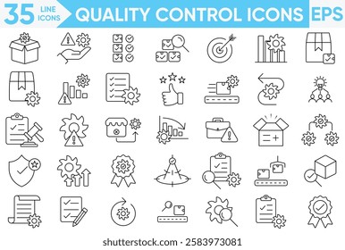 Quality control line icon set.Containing inspection, evaluation, inspection, Containing inspection, evaluation, production, standards, product, testing and more.Vector and illustrator set.