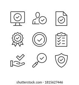 Quality control line icons. Approve, check mark symbols, checkmark, certification, approval concepts. Simple outline symbols, modern linear graphic elements. Thin line design. Vector icons set