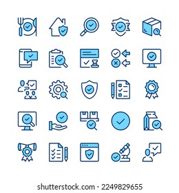 Symbole der Qualitätskontrolle. Blau. Vektorliniensymbole