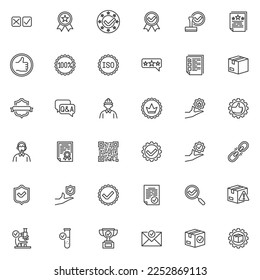 Conjunto de iconos de línea de control de calidad. colección de símbolos de estilo lineal, paquete de signos de contorno. Gráficos vectoriales de garantía de calidad. Set incluye iconos como insignia de certificado de garantía, garantía, revisión del cliente