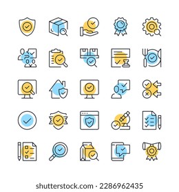 Quality control line icons. Set of check mark icons. Black, blue and yellow colors. Modern outline graphic design. Vector line icons set