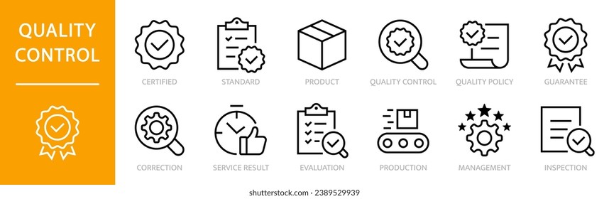 Conjunto de iconos de línea de control de calidad. Símbolos de control de calidad. Certificado, Inspección, Estándar, Inspección vectorial de icono