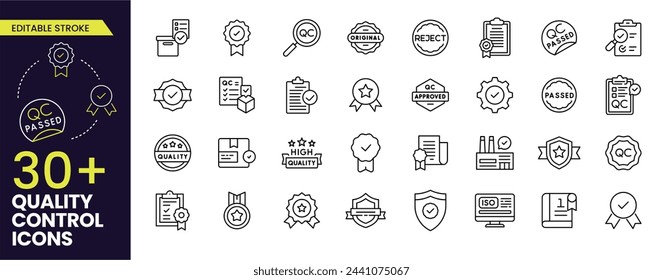 Quality control line icons set. Editable Stroke. Quality, evaluation, improve, process, approval, result, and customer. Editable Outline line icon
