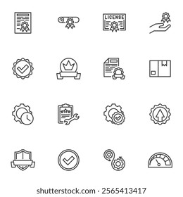 Quality control line icons set, outline vector symbol collection, linear style pictogram pack. Signs, logo illustration. Set includes icons as quality certificate, license, award badge, checkmark