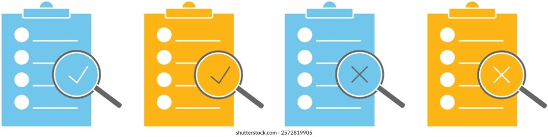 Quality control line and solid icon set, document design, template, checklist - vector