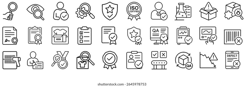 Controle de qualidade e gerenciamento esboço do pacote de ícones - Apresentando os conceitos de conformidade, segurança, certificação e auditoria.
