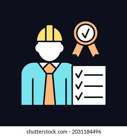 Quality control manager RGB color icon for dark theme. Production inspector. High quality products. Isolated vector illustration on night mode background. Simple filled line drawing on black