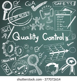 Quality control in manufacturing industry production and operation doodle sketch design tools sign and symbol in isolated background paper for engineering management education presentation (vector)