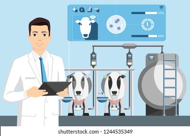 Quality Control Of Milk On A Dairy Farm.  Technology Internet Of Things In Agriculture. Vector Illustration