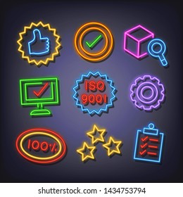 quality control neon icons, vector neon glow on dark background