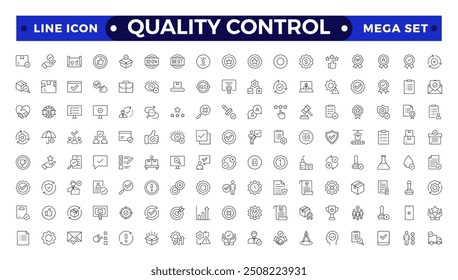 Conjunto de ícones de Estrutura de Tópicos de controle de qualidade. Contendo inspeção, avaliação, produto, garantia de qualidade, processo, teste, pictogramas e infográficos para aplicativos móveis.
