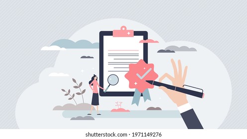 Quality control and product satisfaction research check tiny person concept. Best standard check and deal evaluation with closeup expertise and inspection for errors or mistakes vector illustration.