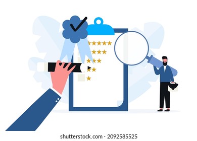 Quality control and product satisfaction research check tiny person concept. Best standard check and deal evaluation
