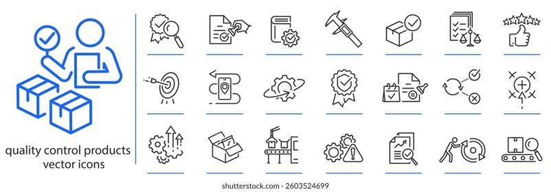 quality control products, icons, testing process product icon set, production audit simple symbols, linear vector illustration, outline editable stroke