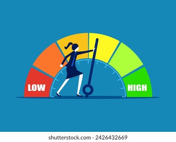 Quality control. Professional businesswoman pushes the indicator needle to a high level 
