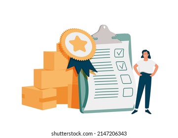 Quality Control, QC to check quality and giving certified or approval, process to assure excellence product and service delivery, guarantee concept, businessman check quality with passed checklist. - Shutterstock ID 2147206343