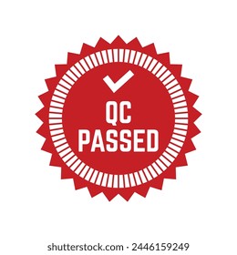 Quality control or QC passed badge label isolated on white background.