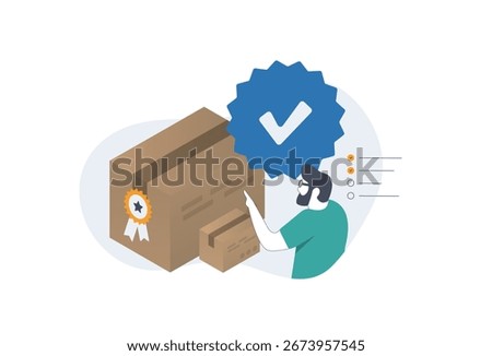 Quality control with QC process, certified approval and guarantee concept. Businessman checks product and service excellence through passed checklist for assurance, vector illustration