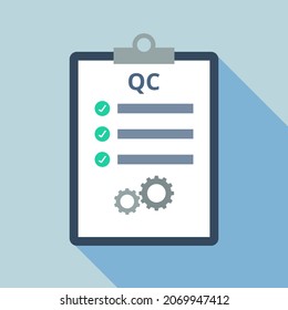 Quality control (QC) vector. Production and business concept. Flat illustration on light blue background.