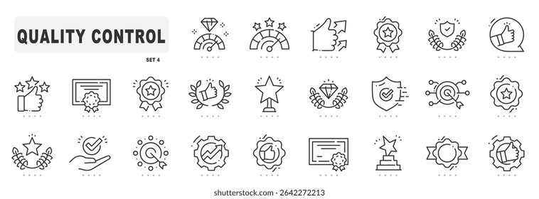 Quality control related line icons. Check, review, approve, checkmark, star etc. Editable stroke