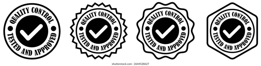 Quality control rubber stamp on white background. Quality control badge label design. Inspection approved seal stamp. Trust certification label template. Hexagon shape quality icon design