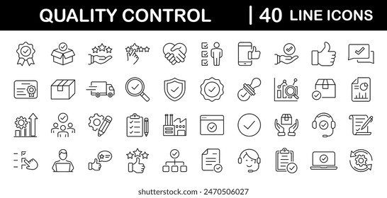 Quality control set of web icons in line style. Quality Check computing icons for web and mobile app. Containing inspection, evaluation, production, quality assurance, certificate, testing and more