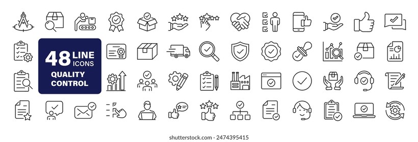 Quality control set of web icons in line style. Quality Check computing icons for web and mobile app. Containing inspection, evaluation, production, quality assurance, certificate, testing and more