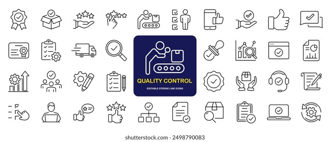 Quality control set of web icons in line style. Quality Check computing icons for web and mobile app. Containing inspection, evaluation, production, quality assurance, certificate, testing and more