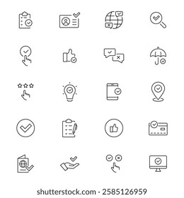 Quality control set of web icons in line style. Quality Check computing icons. Containing inspection, evaluation, production, quality assurance, certificate