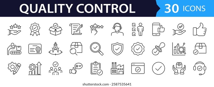 Quality control set of web icons in line style. Quality Check computing icons for web and mobile app. Containing inspection, evaluation, production, quality assurance, certificate, testing and more