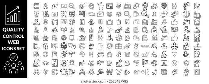 Conjunto de iconos web de control de calidad en estilo de línea. Iconos de computación de control de calidad para Web y App móvil. que contienen inspección, evaluación, producción, garantía de calidad, certificado, pruebas y más