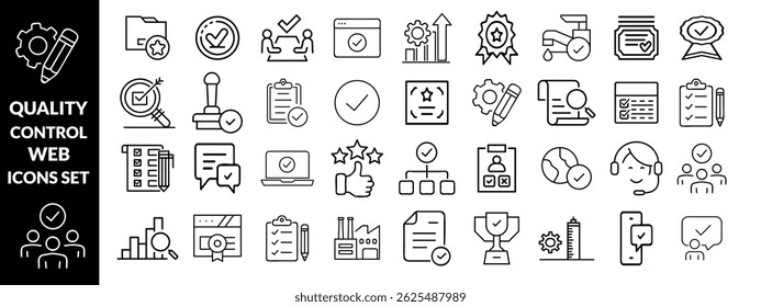 quality control set of web icons in line style. quality check computing icons for web and mobile app. containing inspection, evaluation, production, quality assurance, certificate, testing and more