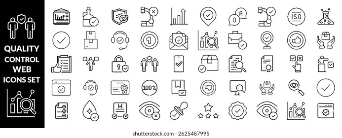 quality control set of web icons in line style. quality check computing icons for web and mobile app. containing inspection, evaluation, production, quality assurance, certificate, testing and more