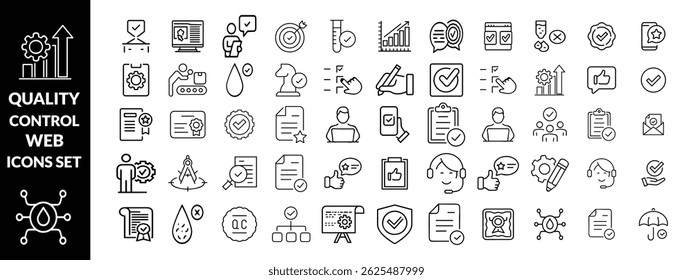 quality control set of web icons in line style. quality check computing icons for web and mobile app. containing inspection, evaluation, production, quality assurance, certificate, testing and more