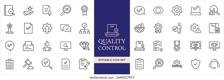 Quality control set of web icons in line style. Quality Check computing icons for web and mobile app. Containing inspection, evaluation, production, quality assurance, certificate, testing and more