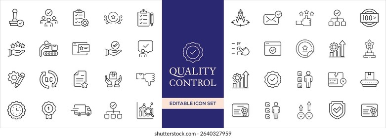 Quality control set of web icons in line style. Quality Check computing icons for web and mobile app. Containing inspection, evaluation, production, quality assurance, certificate, testing and more