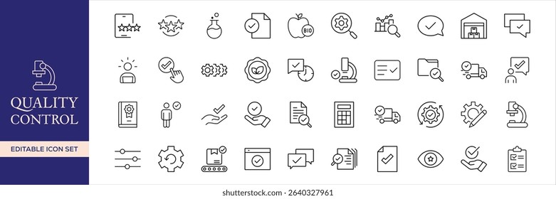 Quality control set of web icons in line style. Quality Check computing icons for web and mobile app. Containing inspection, evaluation, production, quality assurance, certificate, testing and more