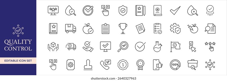 Quality control set of web icons in line style. Quality Check computing icons for web and mobile app. Containing inspection, evaluation, production, quality assurance, certificate, testing and more