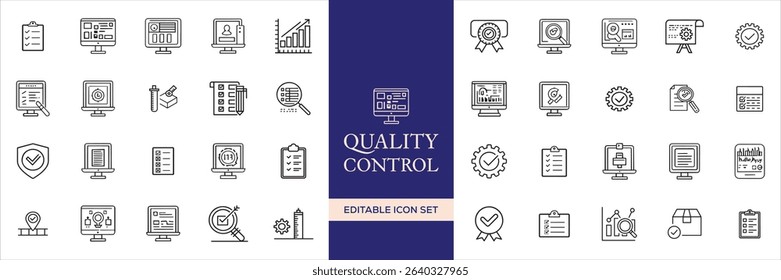 Quality control set of web icons in line style. Quality Check computing icons for web and mobile app. Containing inspection, evaluation, production, quality assurance, certificate, testing and more