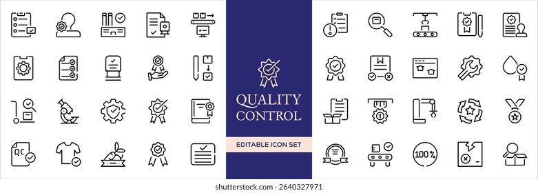 Quality control set of web icons in line style. Quality Check computing icons for web and mobile app. Containing inspection, evaluation, production, quality assurance, certificate, testing and more