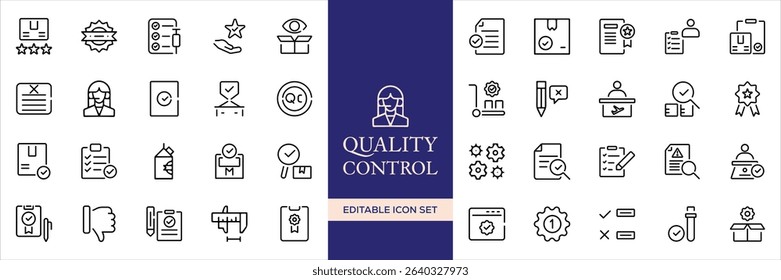 Quality control set of web icons in line style. Quality Check computing icons for web and mobile app. Containing inspection, evaluation, production, quality assurance, certificate, testing and more