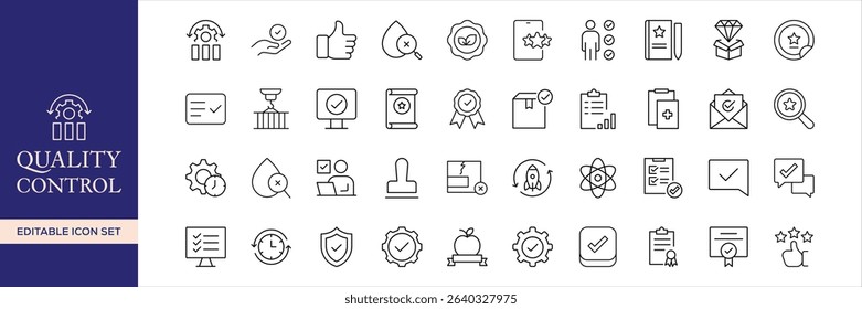 Quality control set of web icons in line style. Quality Check computing icons for web and mobile app. Containing inspection, evaluation, production, quality assurance, certificate, testing and more
