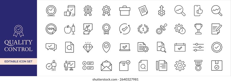 Quality control set of web icons in line style. Quality Check computing icons for web and mobile app. Containing inspection, evaluation, production, quality assurance, certificate, testing and more