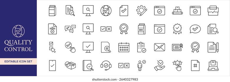 Quality control set of web icons in line style. Quality Check computing icons for web and mobile app. Containing inspection, evaluation, production, quality assurance, certificate, testing and more